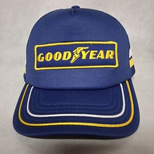 Goodyear Tire Snapback Trucker Hat Blue Striped Mesh Back Adjustable Racing NWT